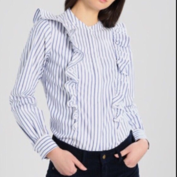 *NWOT* BANANA REPUBLIC Riley-Fit Ruffle V-Bib Buttondown Shirt, Blue Stripe — 10 - Picture 3 of 8